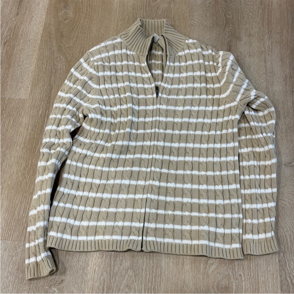 Vintage L.L. Bean Braided cable knit tan white striped cardigan neutral large